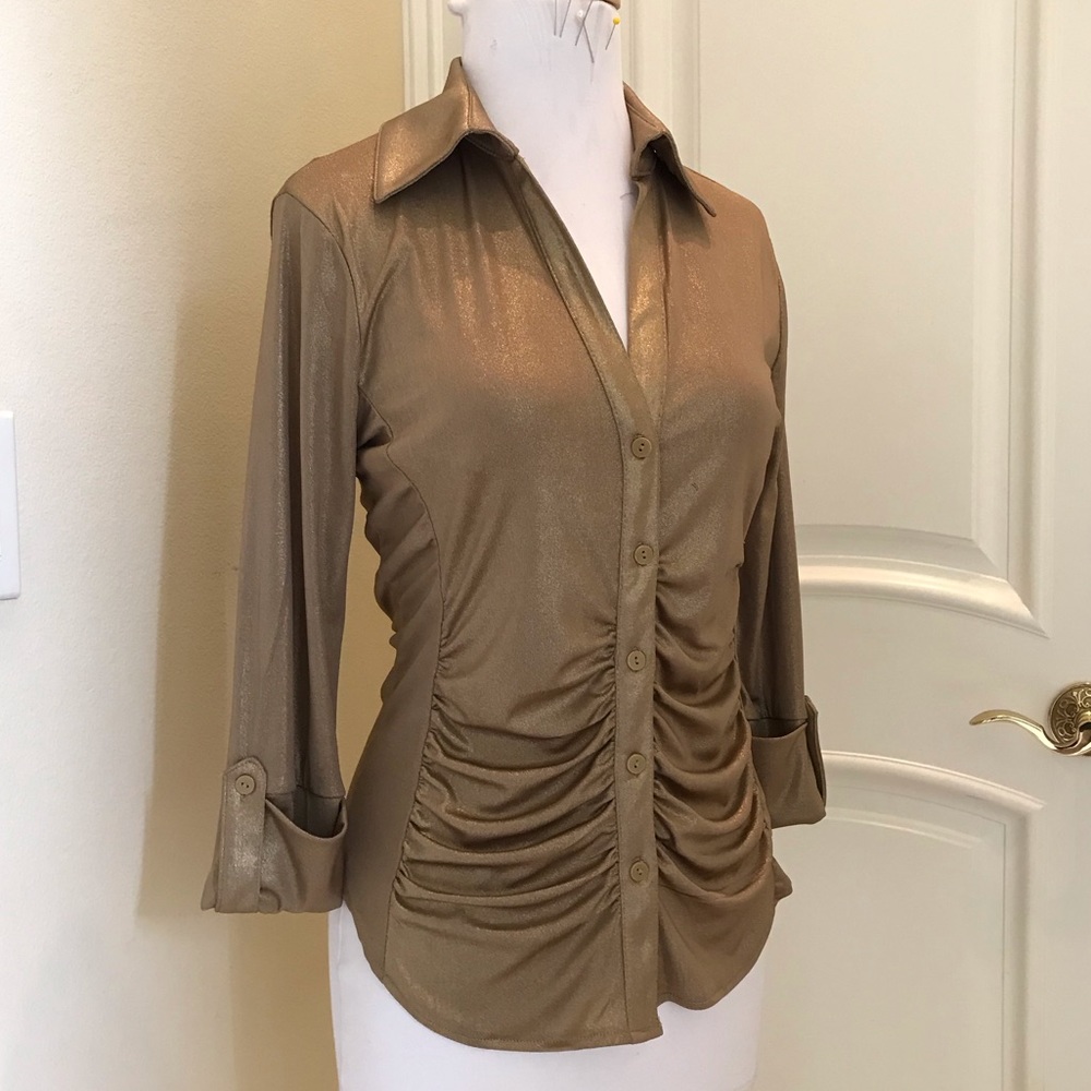 INC Y2K soft gold jersey knit draped front blouse